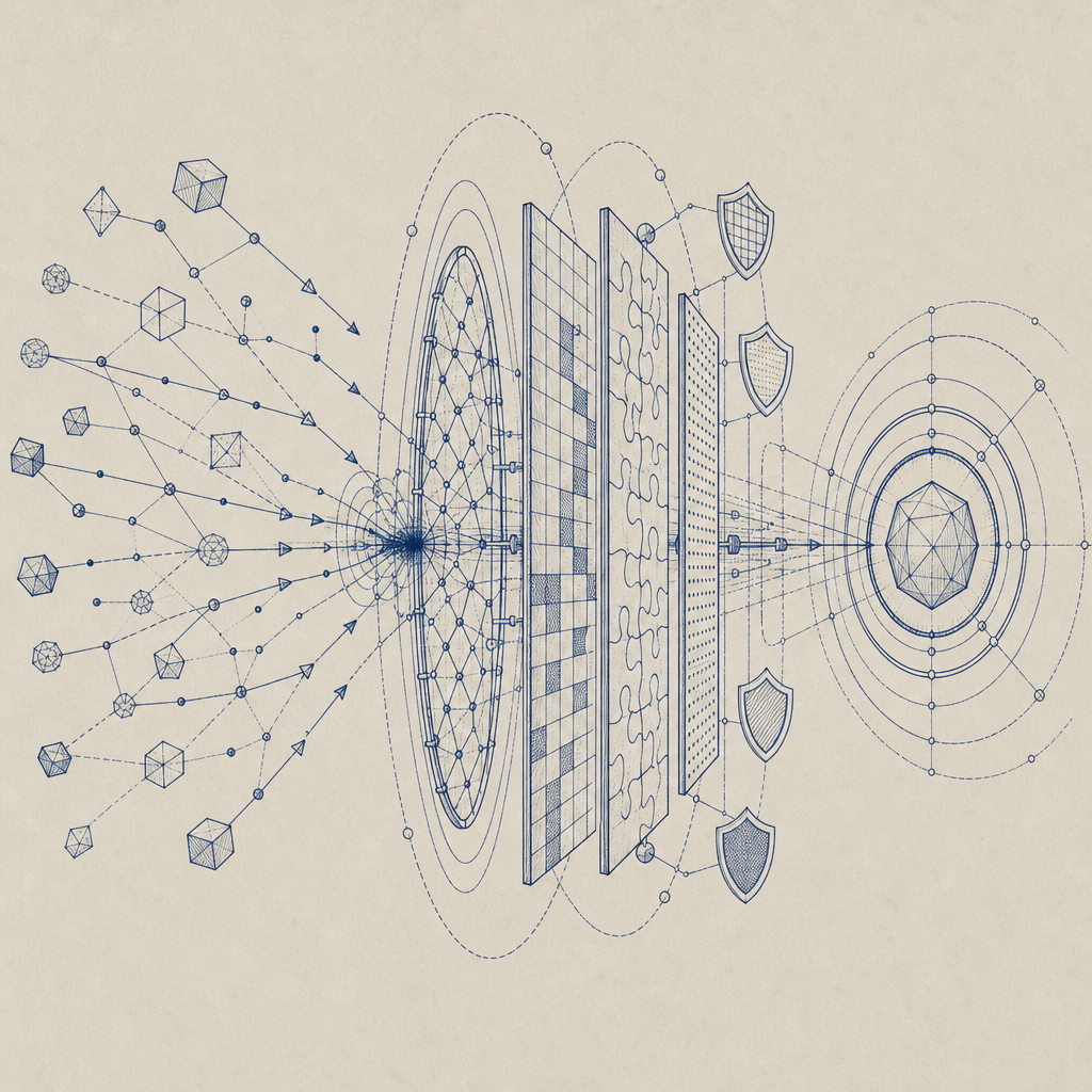 abstract visualization of bot attack vector vs. captcha defense layers