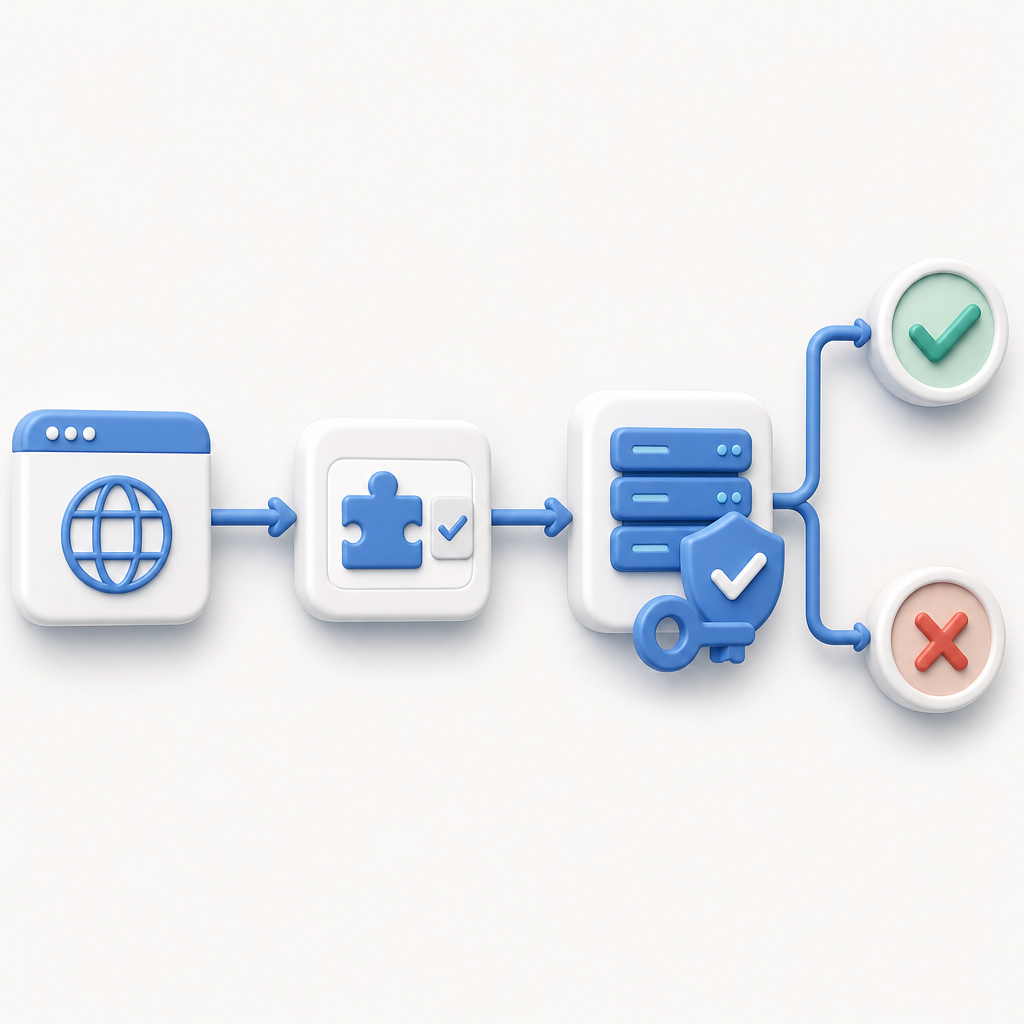flowchart showing client-side captcha challenge with API key validation on serve