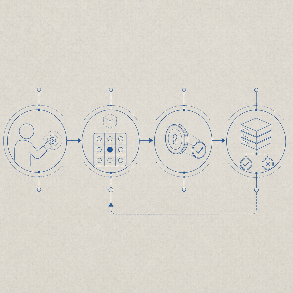abstract flow diagram showing user action, challenge step, token validation, and