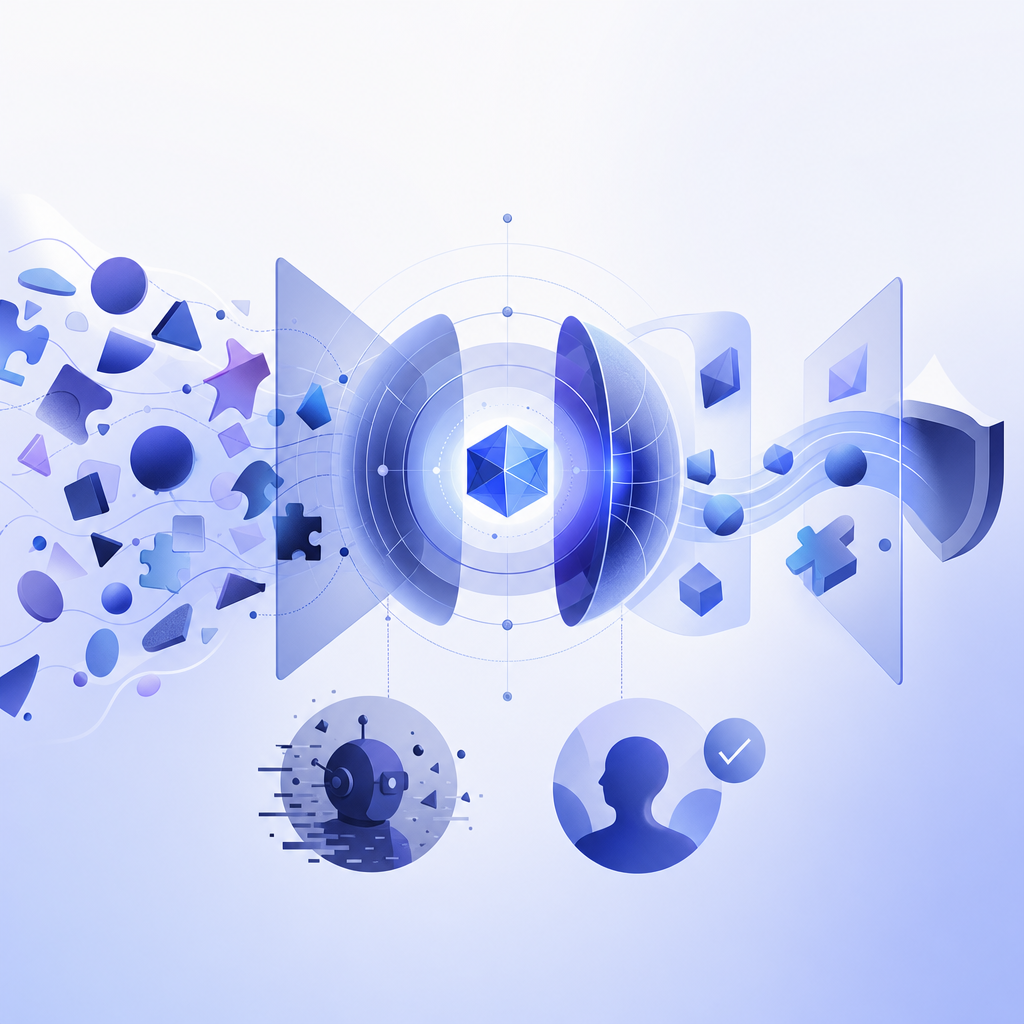 abstract flow of a captcha challenge with visual style layers around a verificat