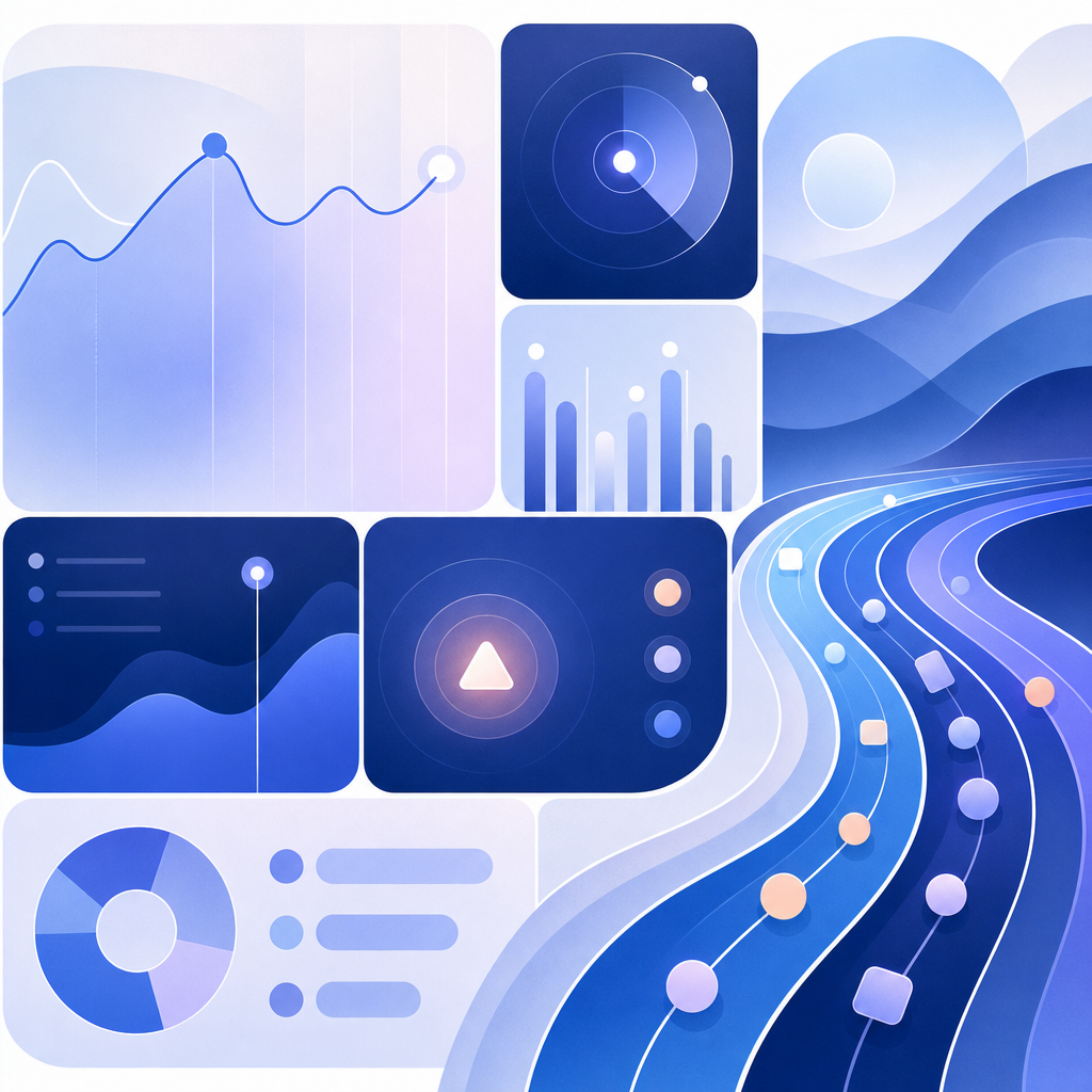 abstract dashboard grid showing trends, alerts, and segmented traffic lanes