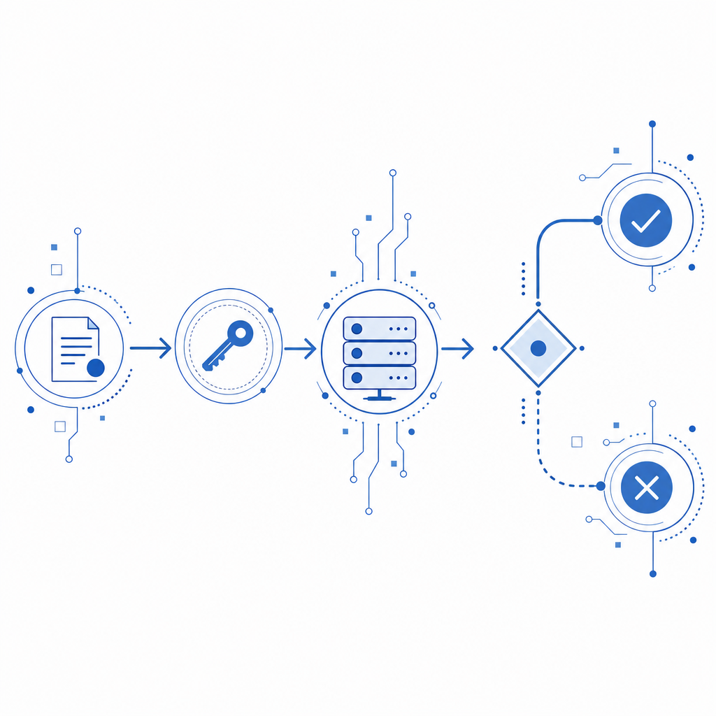 abstract flow of request, token, server validation, and decision branch