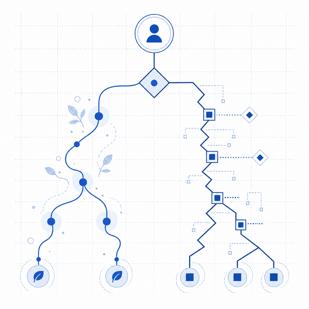abstract decision tree showing legitimate user path vs suspicious automation pat