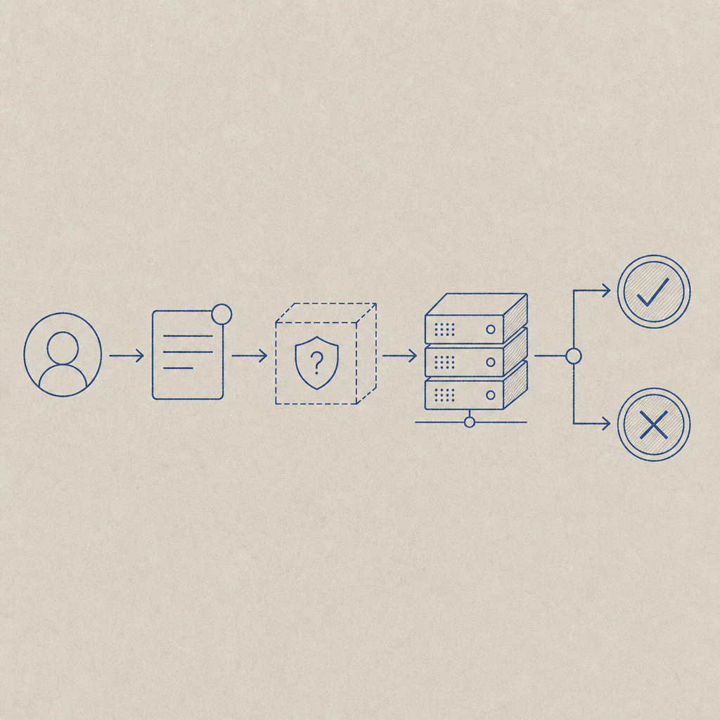 abstract flow of user request, challenge box, server validation, and allow/deny 