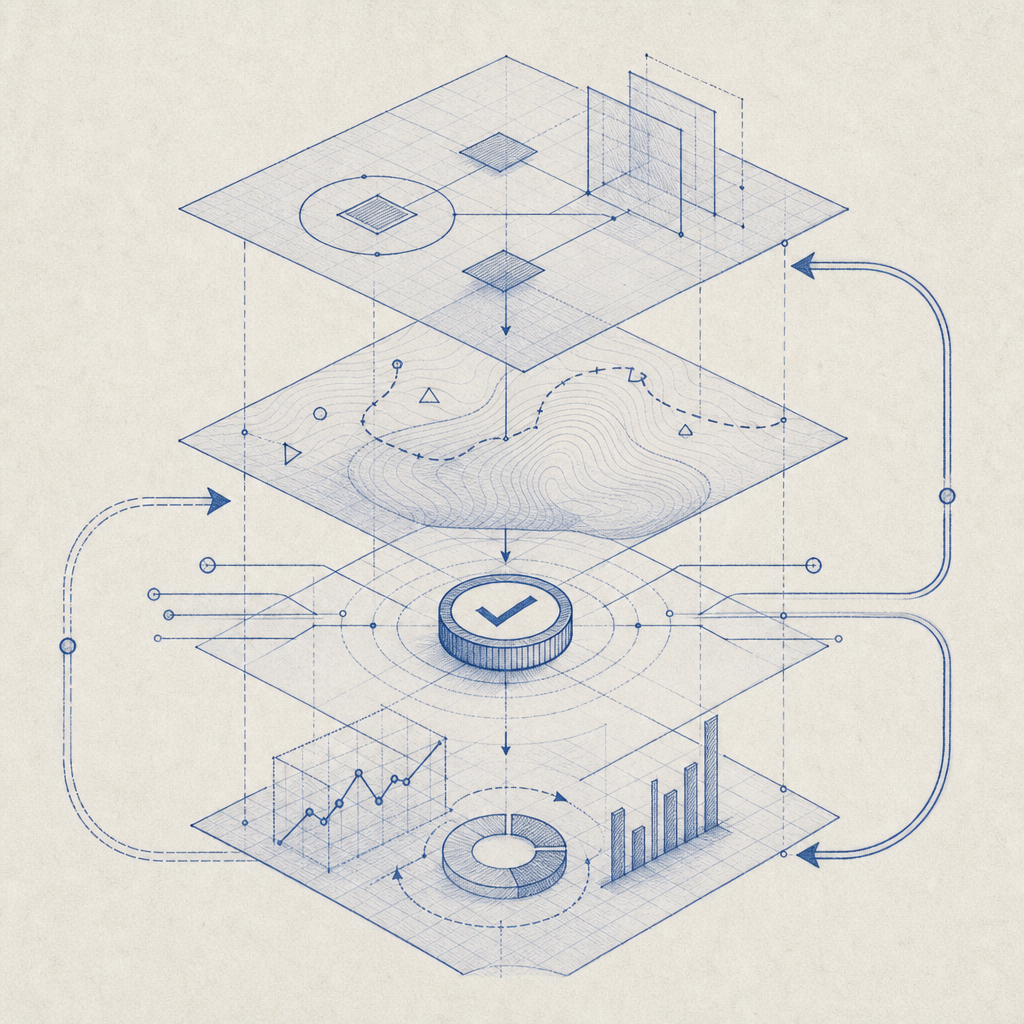 abstract layered diagram showing policy, challenge, token validation, and analyt