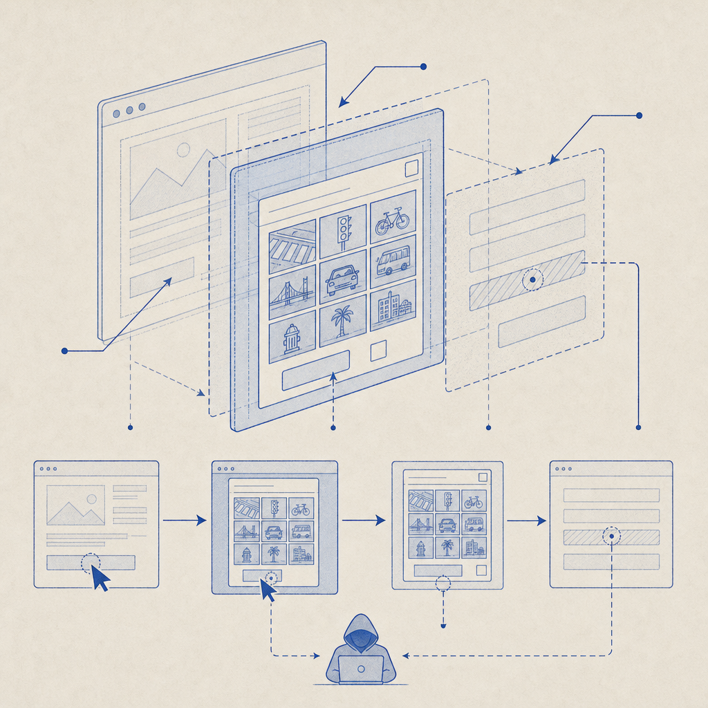 abstract diagram illustrating fake CAPTCHA overlay attack