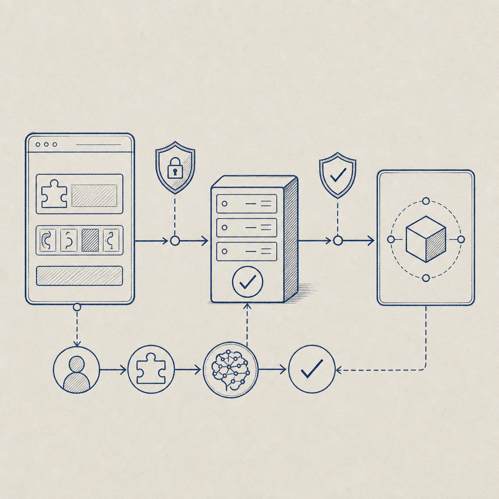conceptual image demonstrating secure CAPTCHA validation flow between client, se