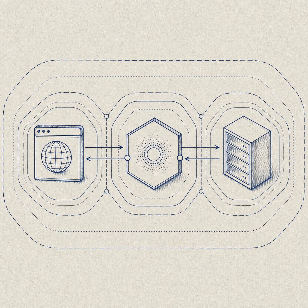 layered trust-boundary diagram showing browser, challenge service, and server wi