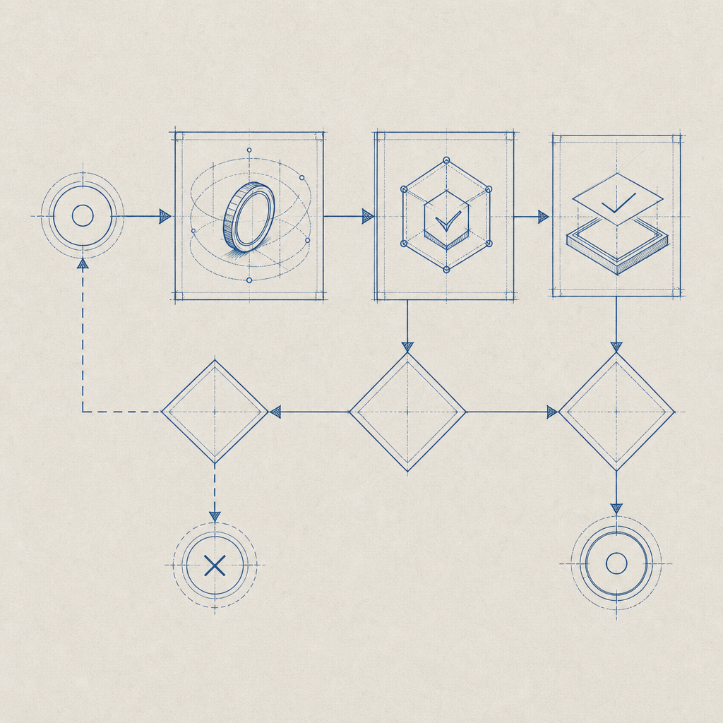 abstract flowchart of token issuance, validation, and request approval with a si