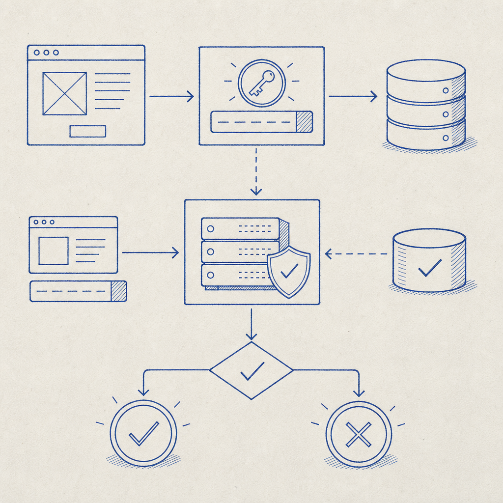 flowchart of client token issuance, backend validation, and allow/deny decision