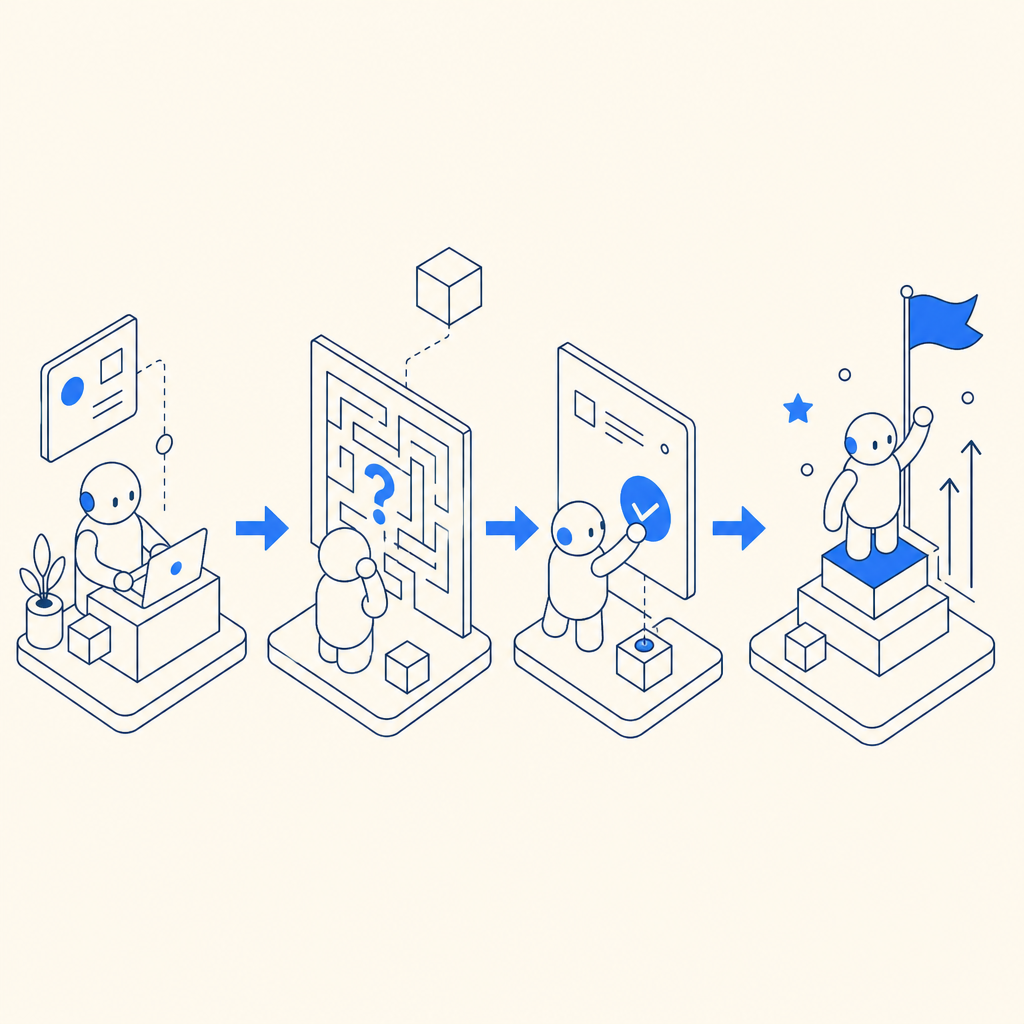 abstract comic-strip flow showing user, challenge, validation, and success state