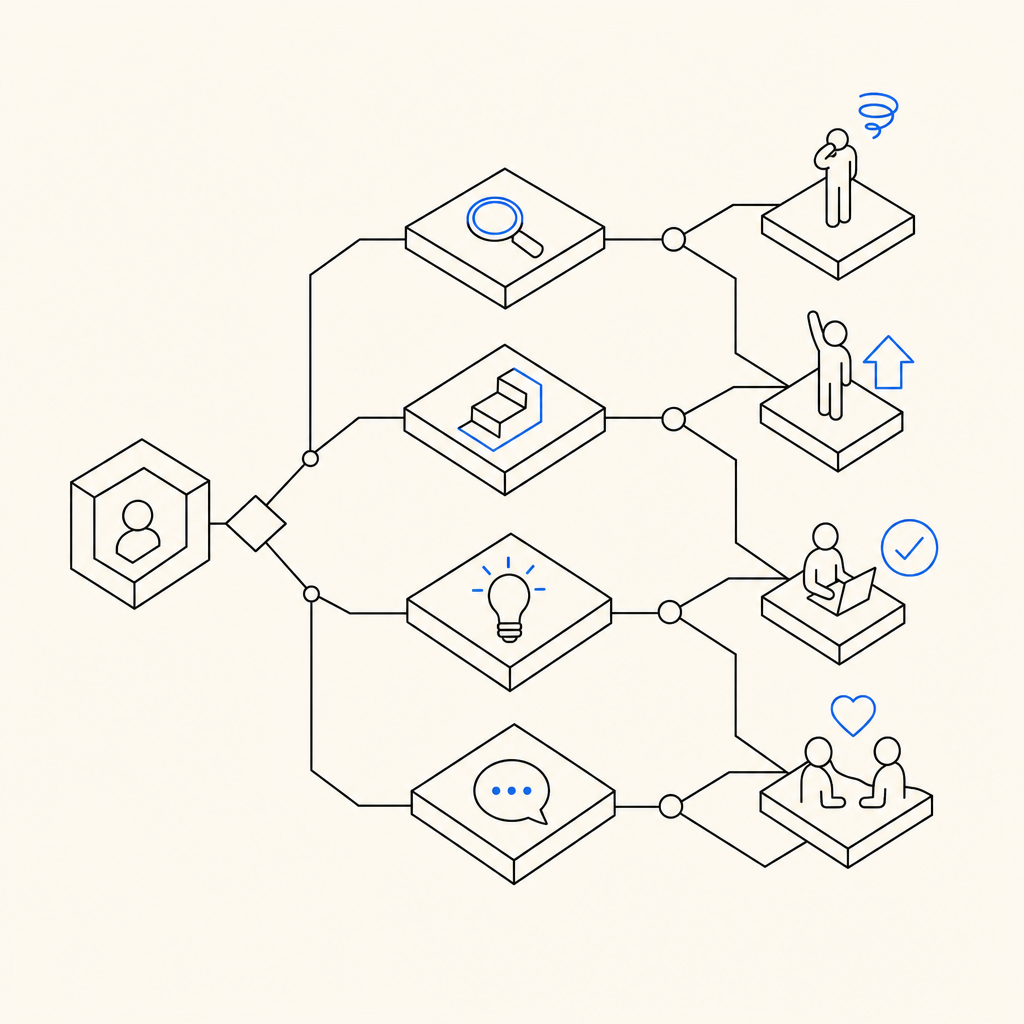 abstract decision tree showing challenge explanation options and user outcomes