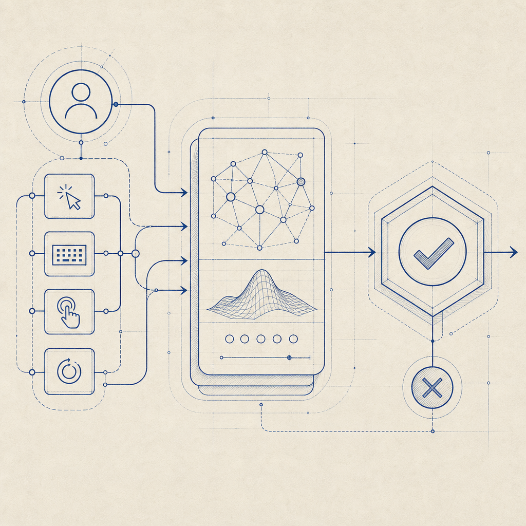 abstract flow from user interaction to risk scoring to validation decision