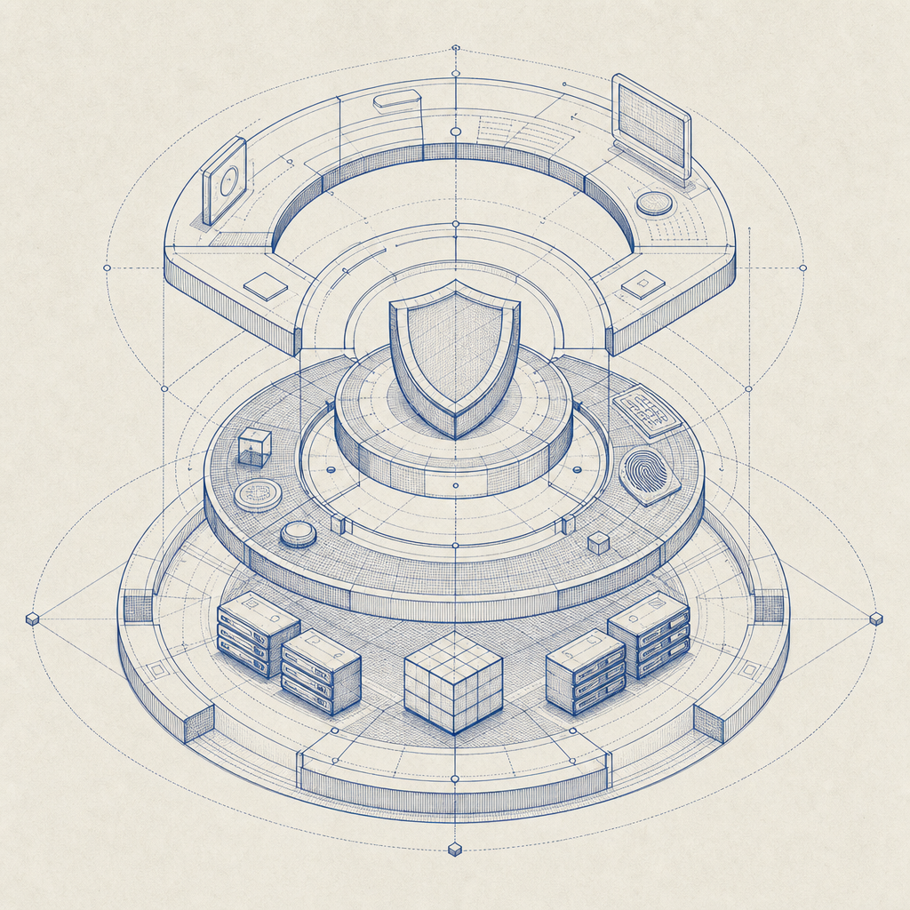 layered security stack showing UI, client signals, and server validation as conc