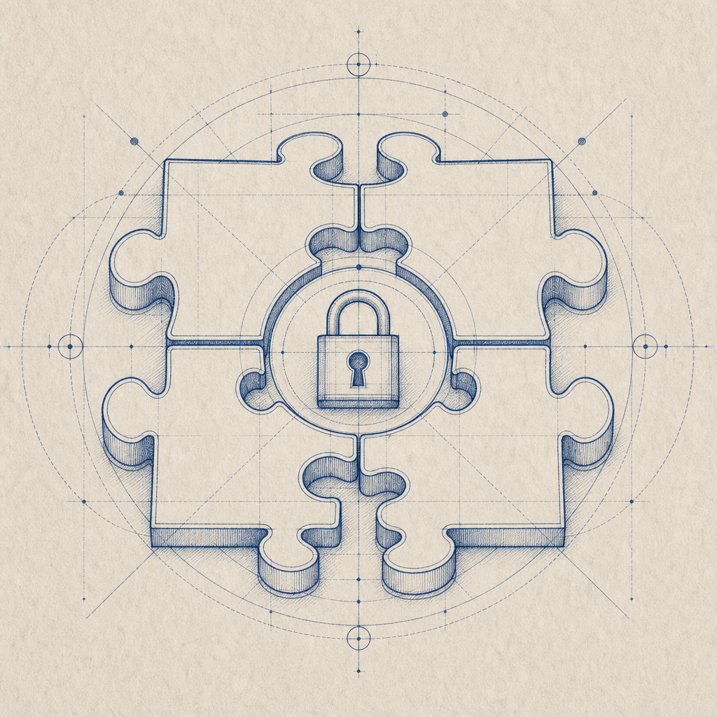 abstract concept showing puzzle pieces fitting together with a lock icon