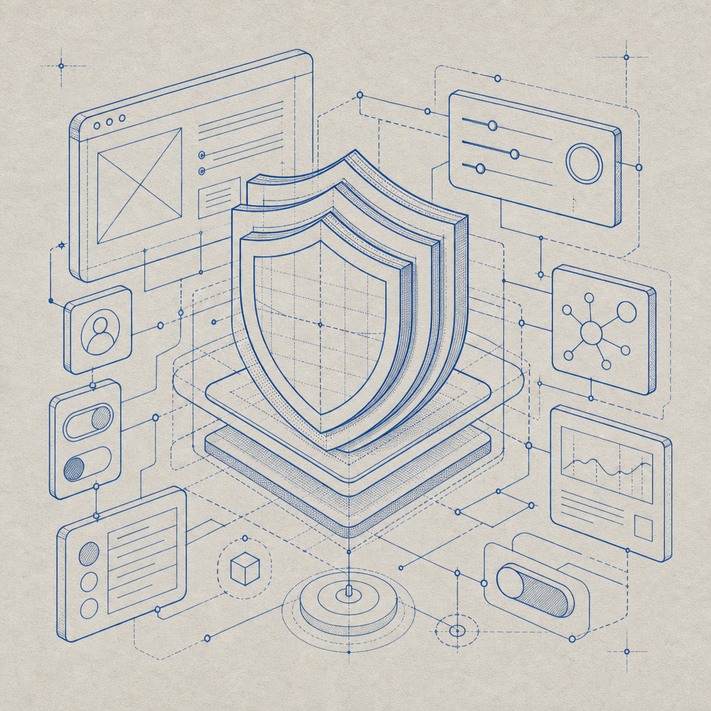 layered security shield interacting with user interface elements
