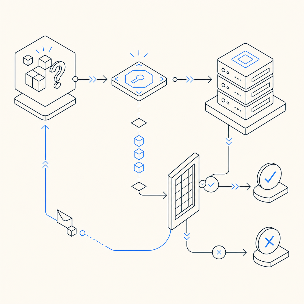 abstract flow of client challenge, token issuance, backend validation, and allow