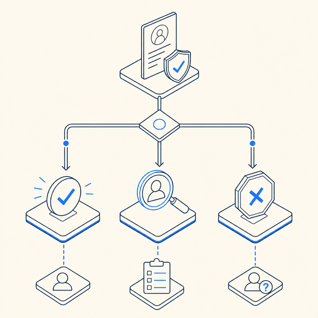 decision tree showing low-risk pass, medium-risk verify, high-risk challenge bra