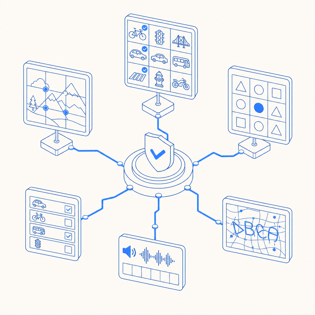 abstract diagram showing CAPTCHA challenge types branching from a central node