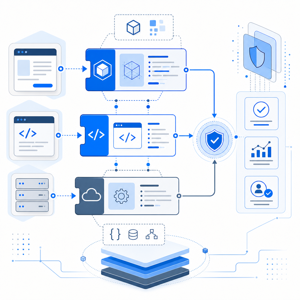 abstract diagram representing different CAPTCHA integration methods: SDKs, JS lo