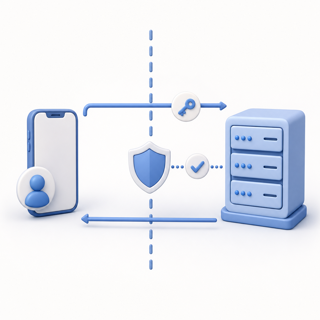 simple mobile-to-server token validation flow with arrows and trust boundary