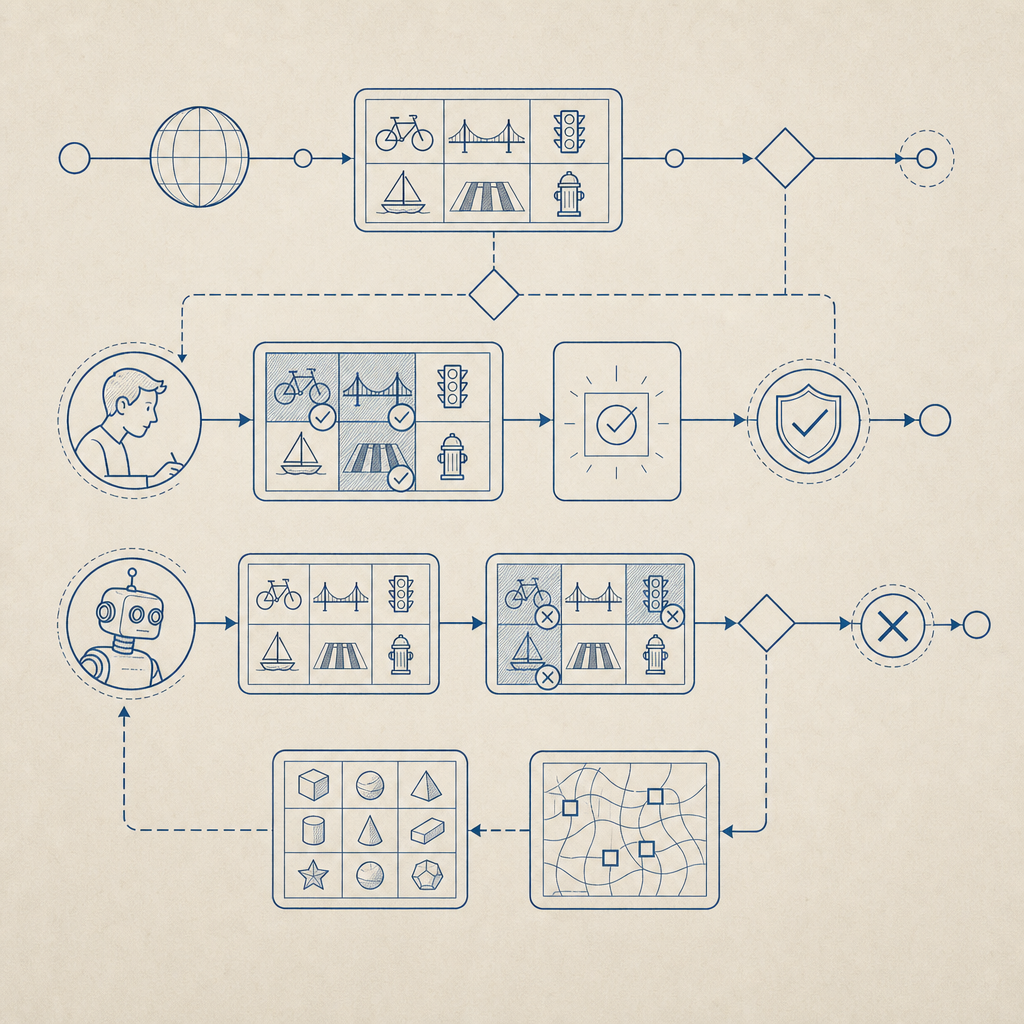 diagram showing flow of captcha challenges and human vs bot solving