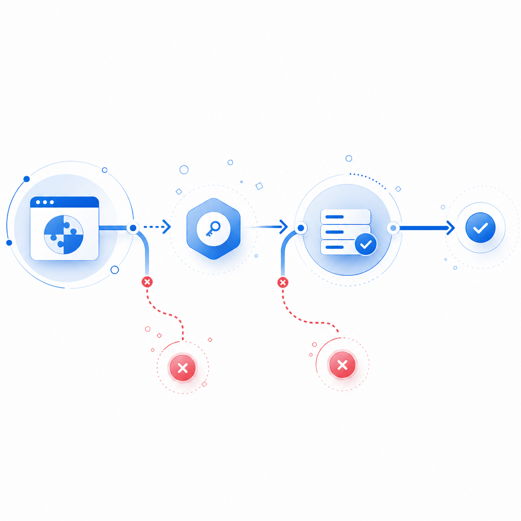 abstract flow of browser challenge, token issuance, server validation, and fail 