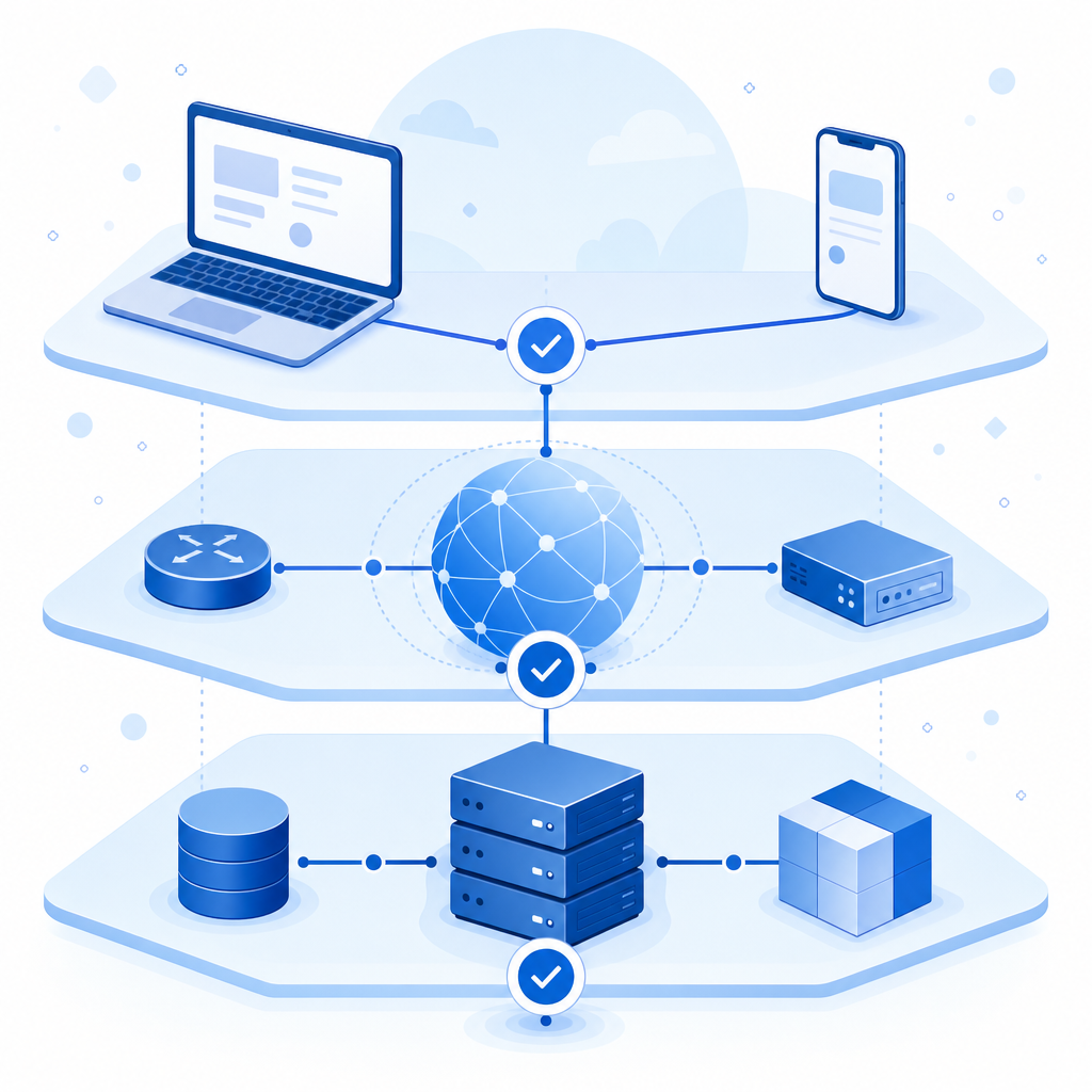 layered troubleshooting diagram showing client, network, and backend checkpoints