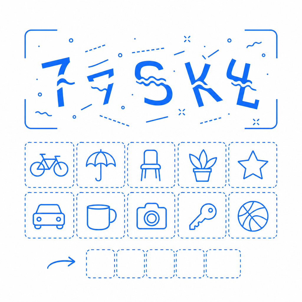 abstract captcha challenge with distorted characters and object icons