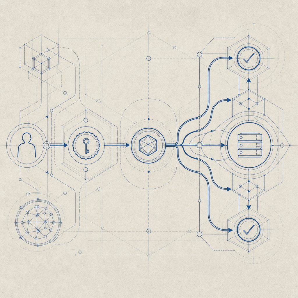 abstract flow diagram of client token issuance and server validation, no text in