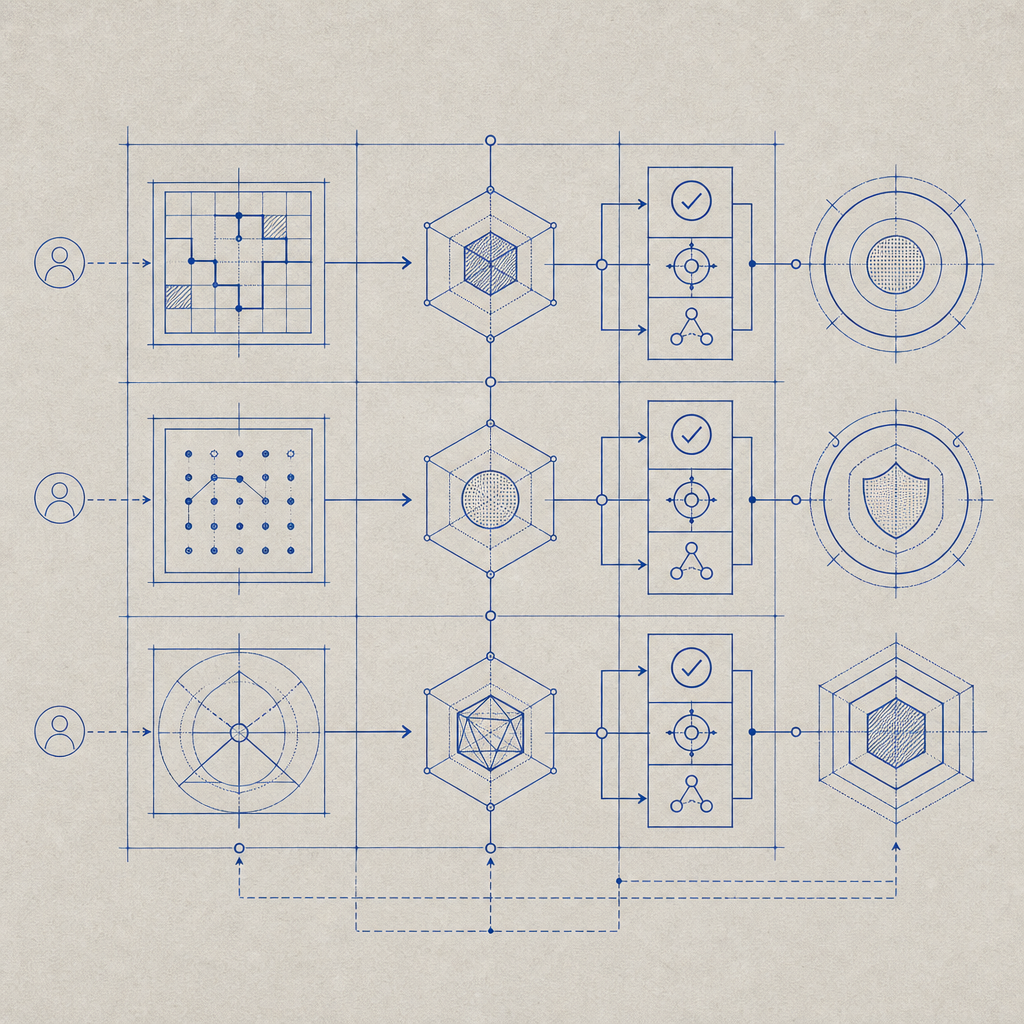 abstract comparison grid of challenge styles, token verification, and risk-based