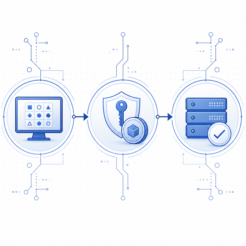 abstract flow from challenge display to token issuance to server validation