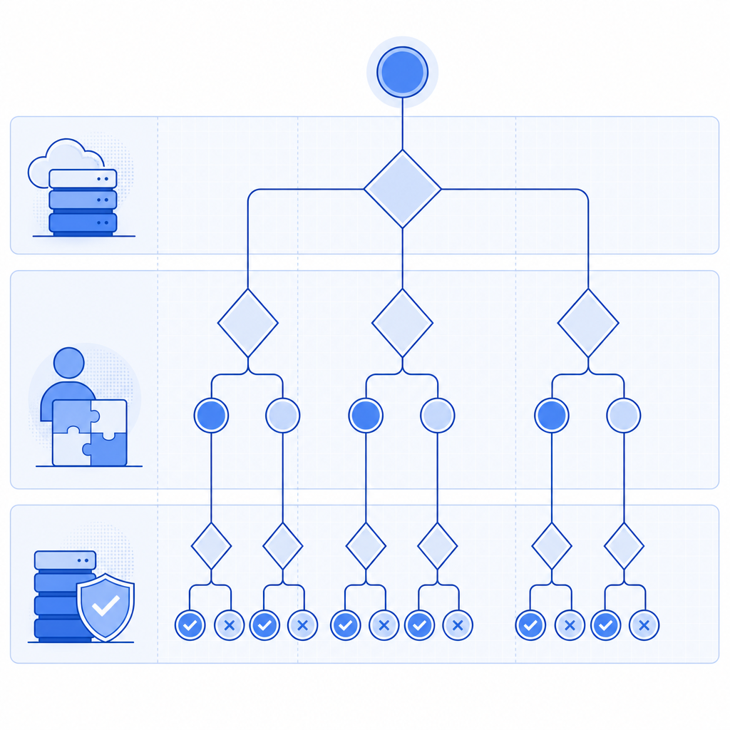 decision tree of challenge load, user completion, and server validation outcomes