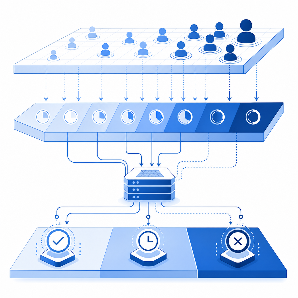 abstract layered diagram of client load, token age, and server validation outcom