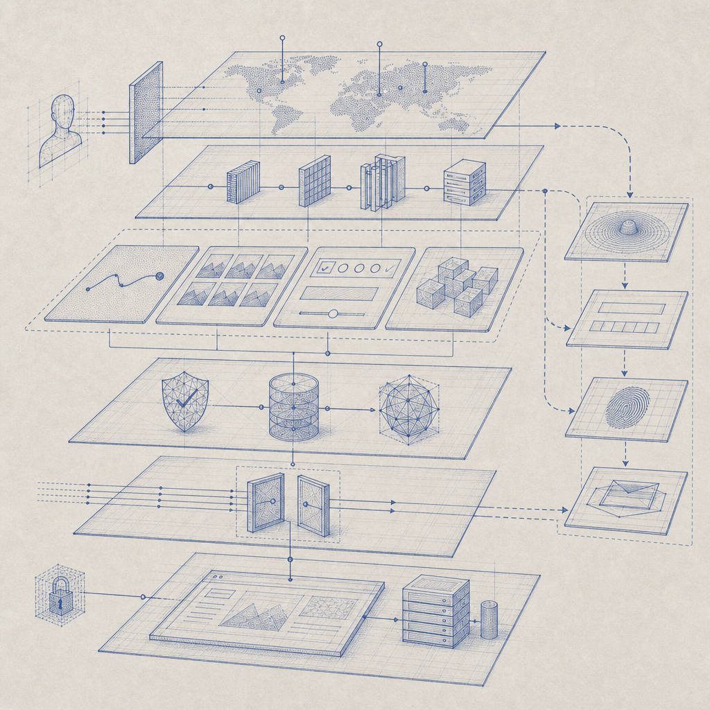 layered illustration of site security stack with CAPTCHA and fallback UI element