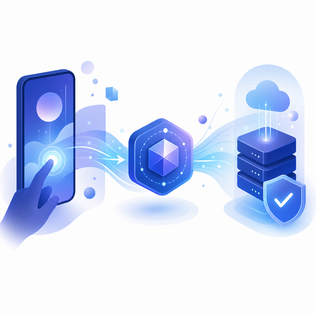 abstract flow from mobile app event to challenge token to backend validation