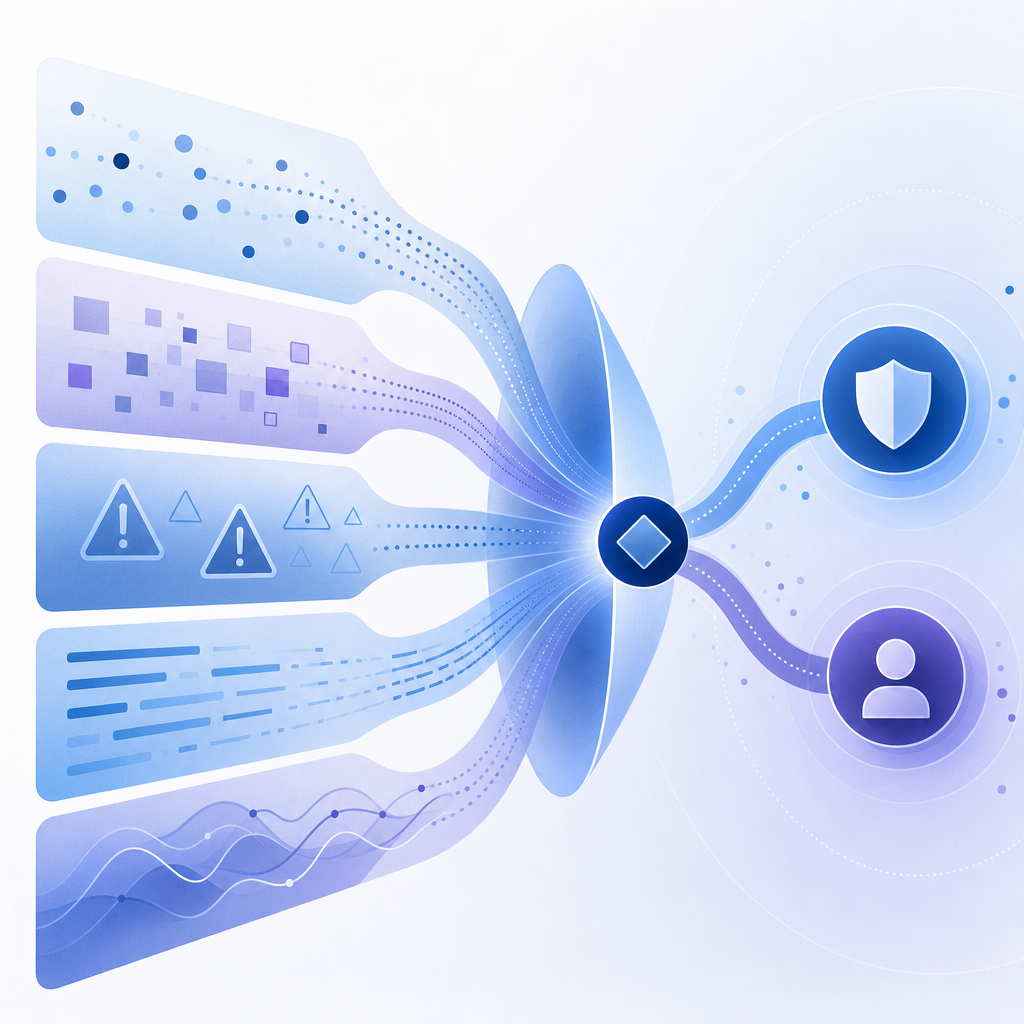 layered risk signals funneling into conditional challenge decision