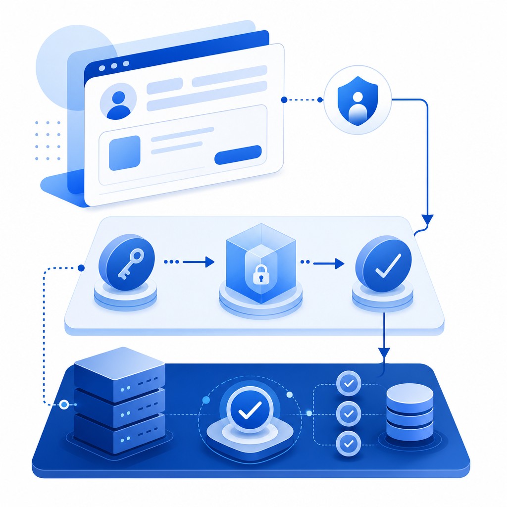layered flow diagram showing app UI, token exchange, and server verification