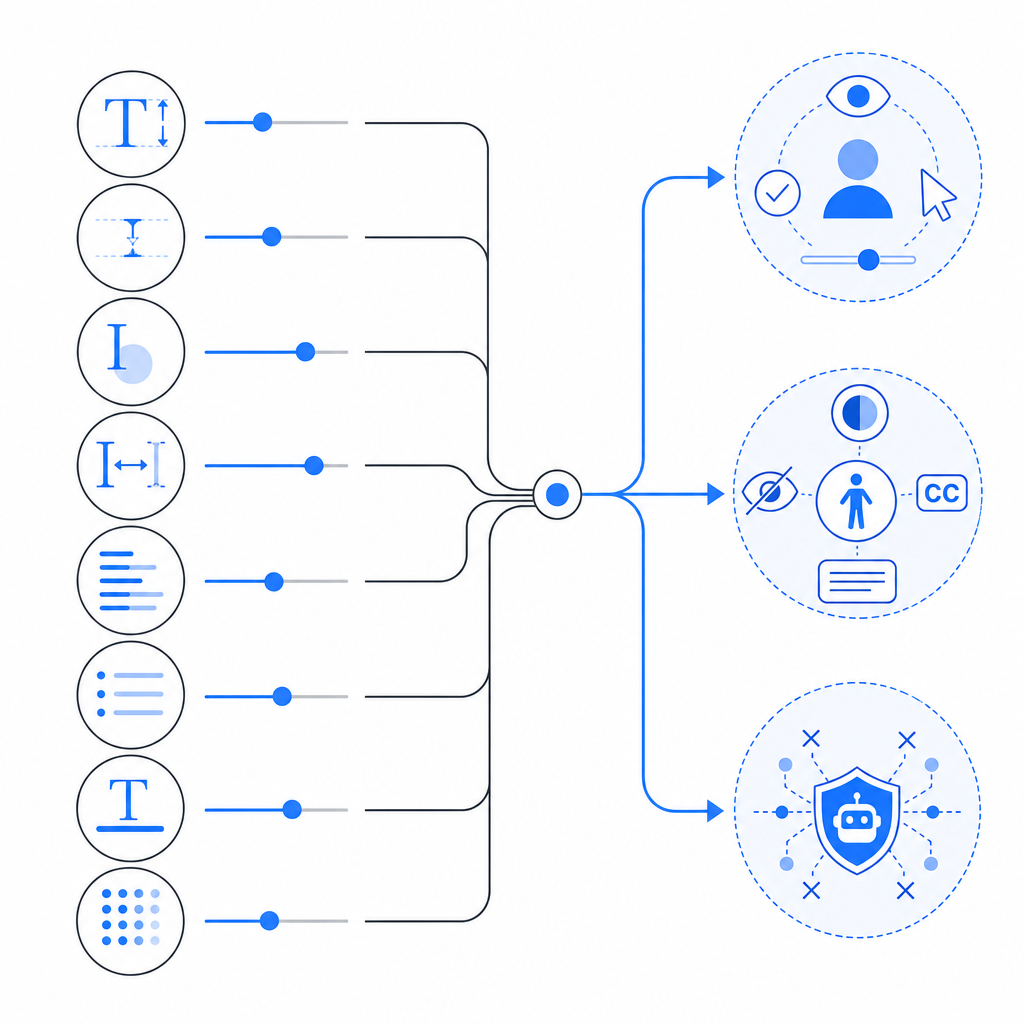 diagram of font properties feeding into usability, accessibility, and automation