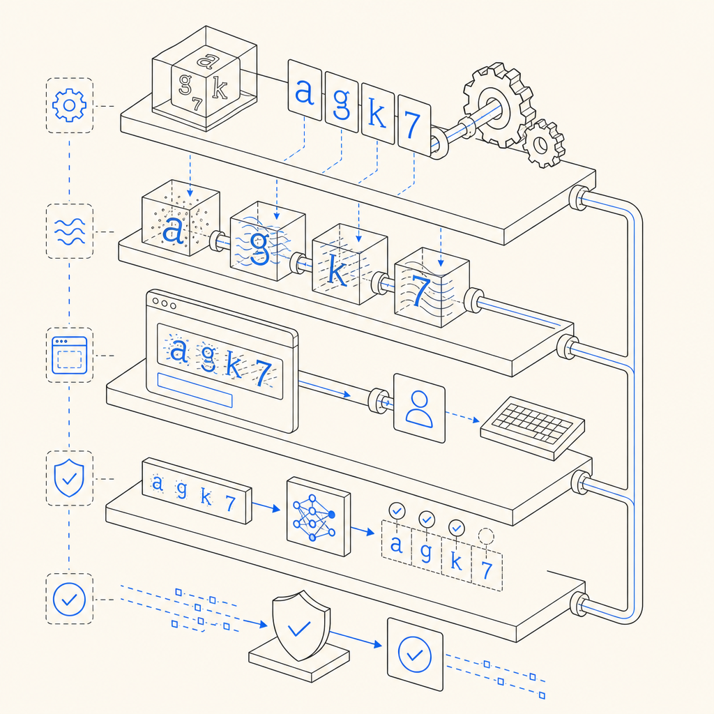 layered architecture showing font distortion and validation in captcha system