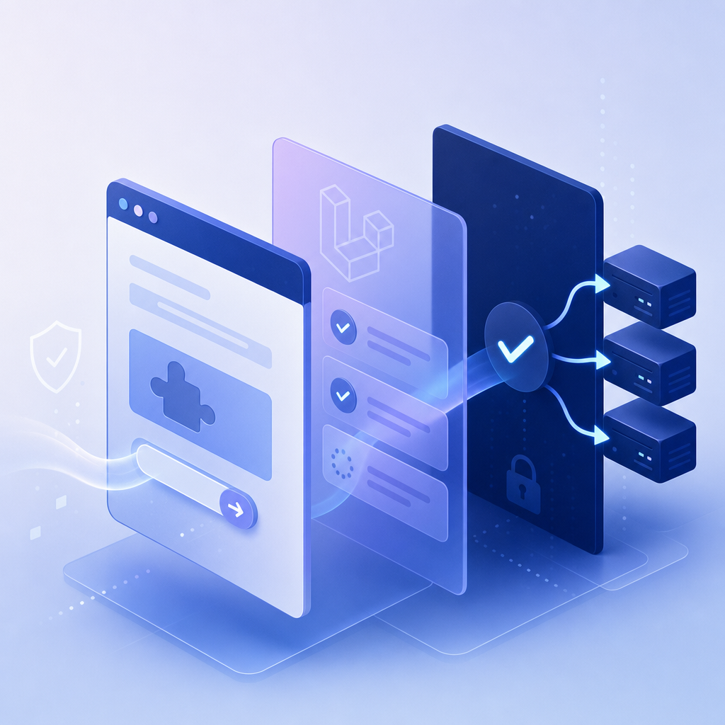 layered request flow showing browser challenge, Laravel validation, and server-s