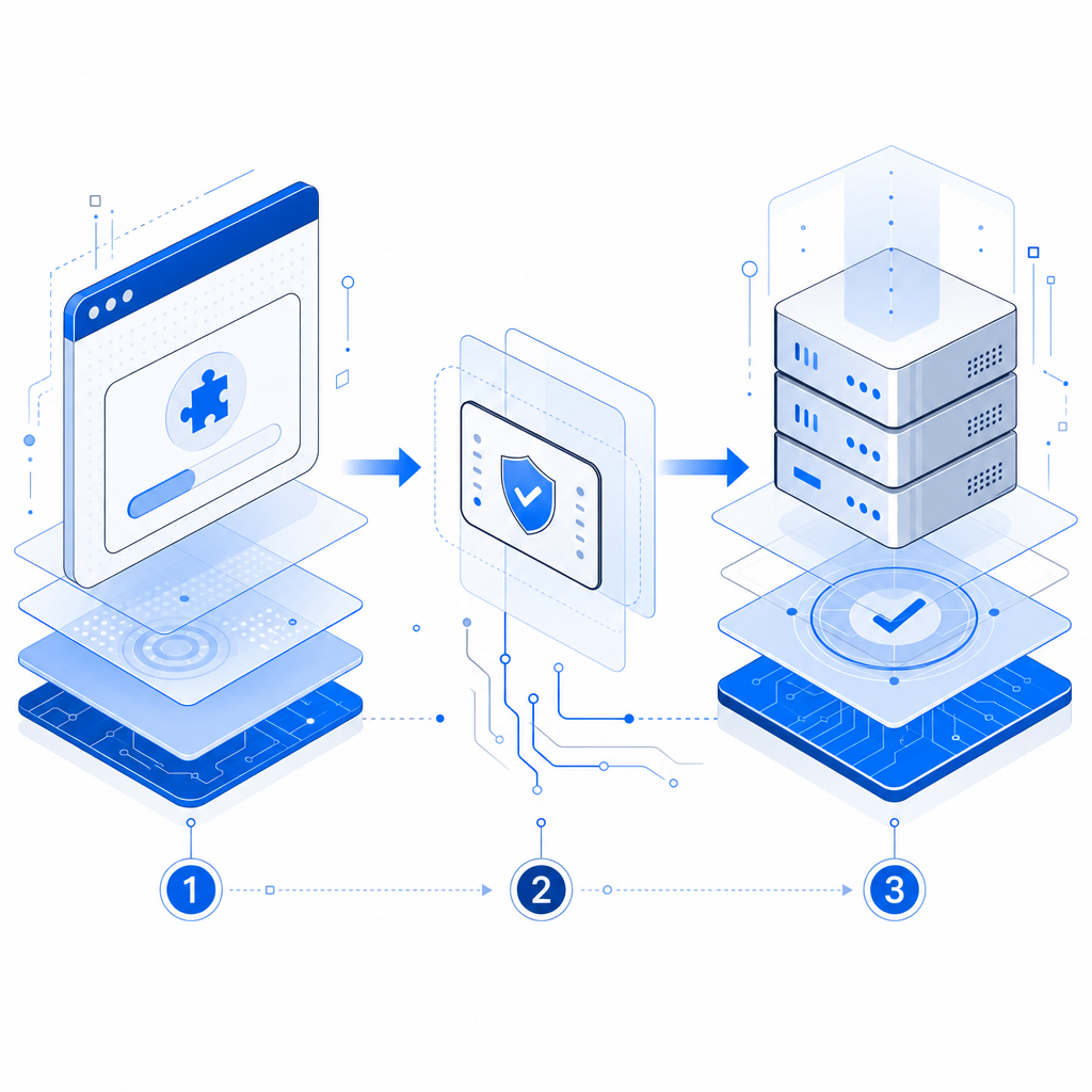layered request flow showing browser challenge, token issuance, and server valid