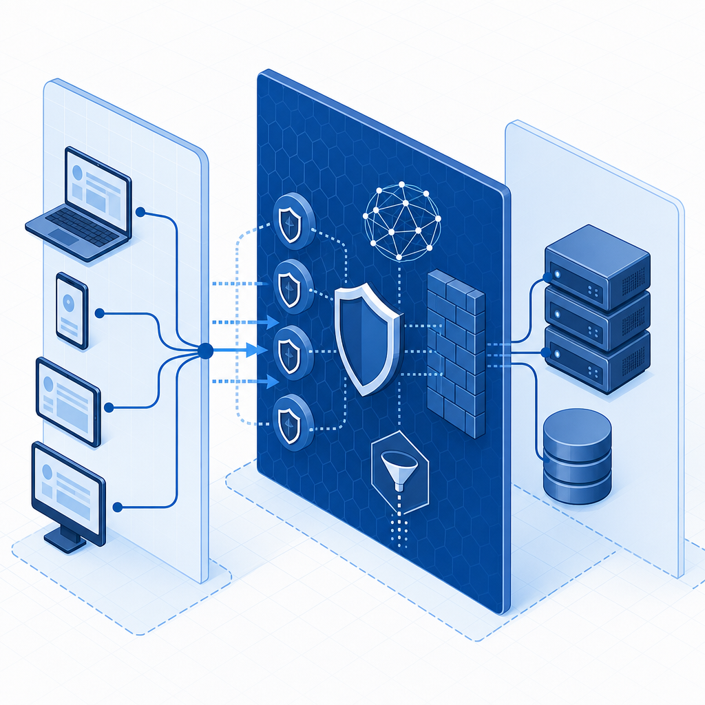abstract layered defense diagram with client, edge, and origin