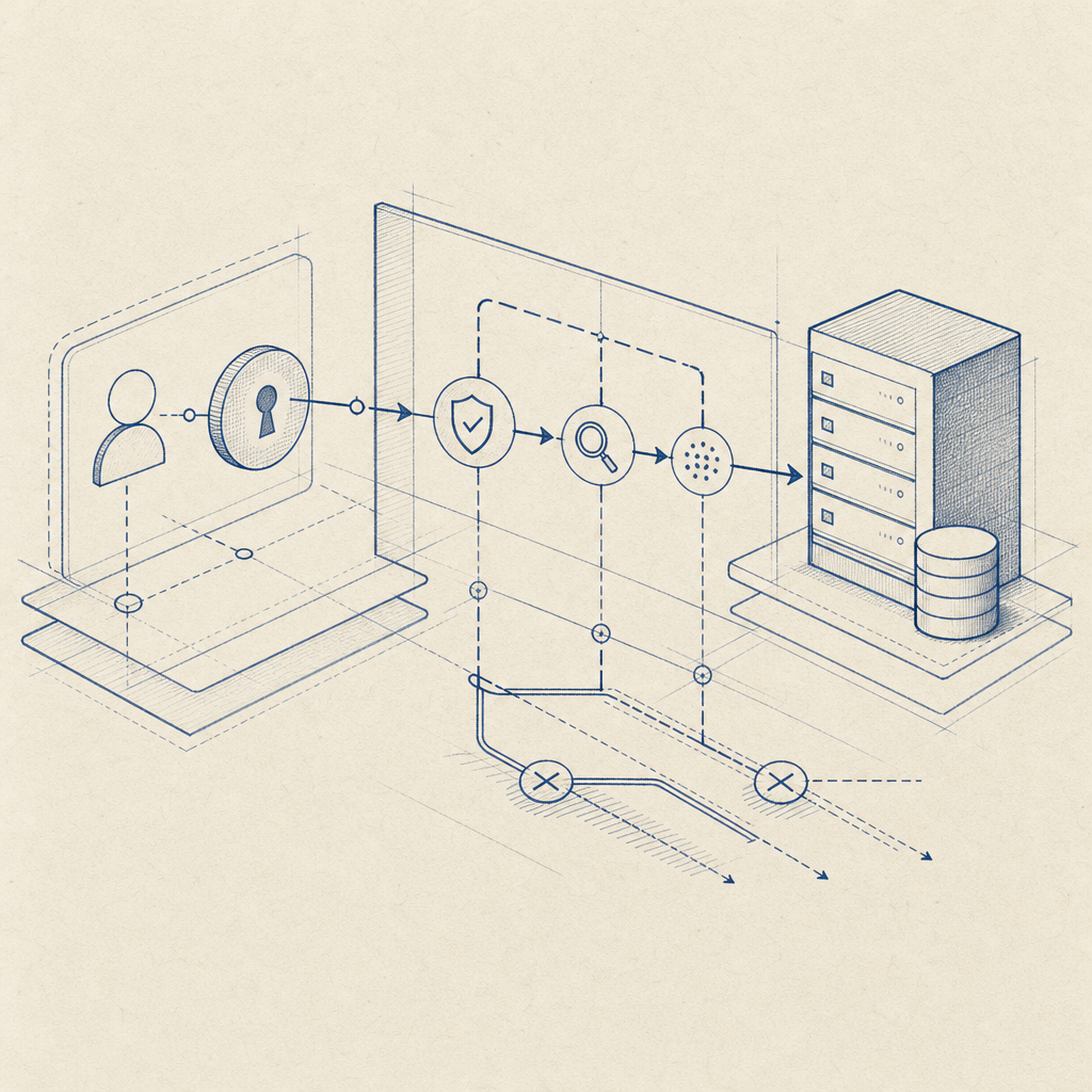 abstract layered security diagram showing client token, server validation, and r