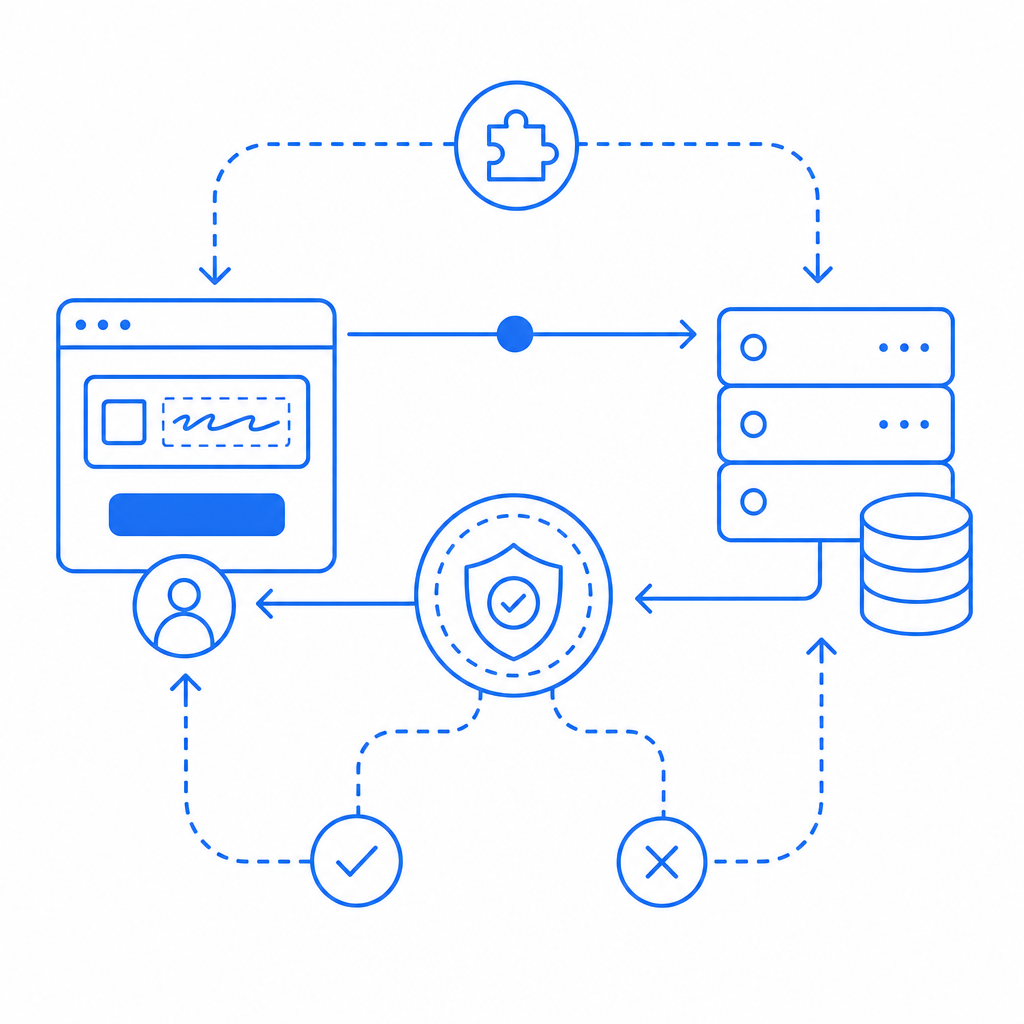 abstract flowchart of captcha validation cycle with frontend and backend