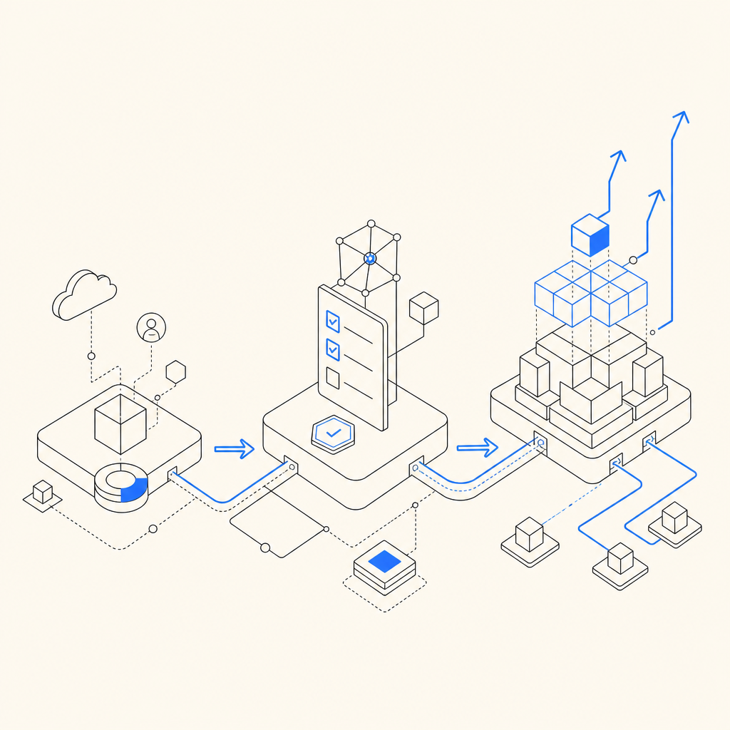 abstract flow showing free tier, validation request, and scale-up path