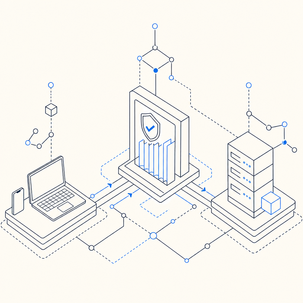 abstract layered security diagram with client, server, and validation gateway