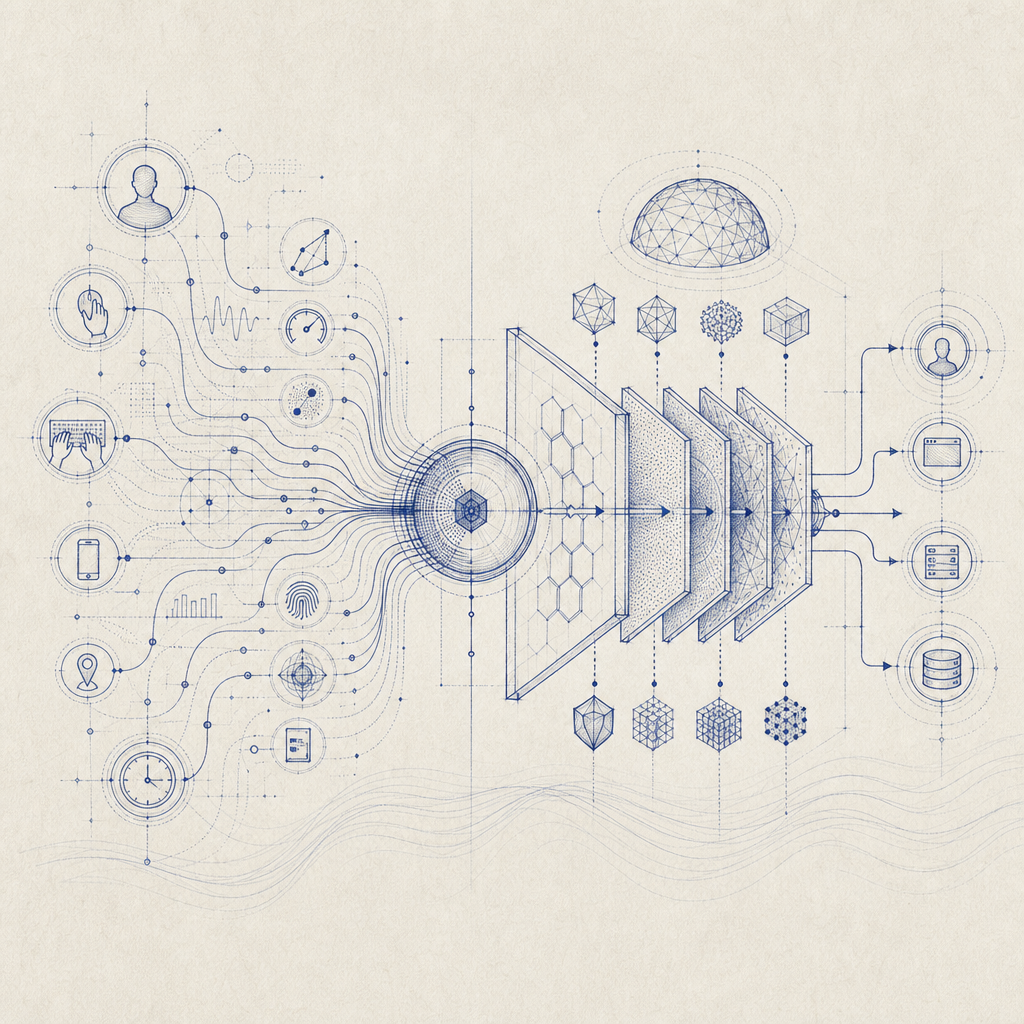abstract diagram of user behavior signals integrating with bot defense API