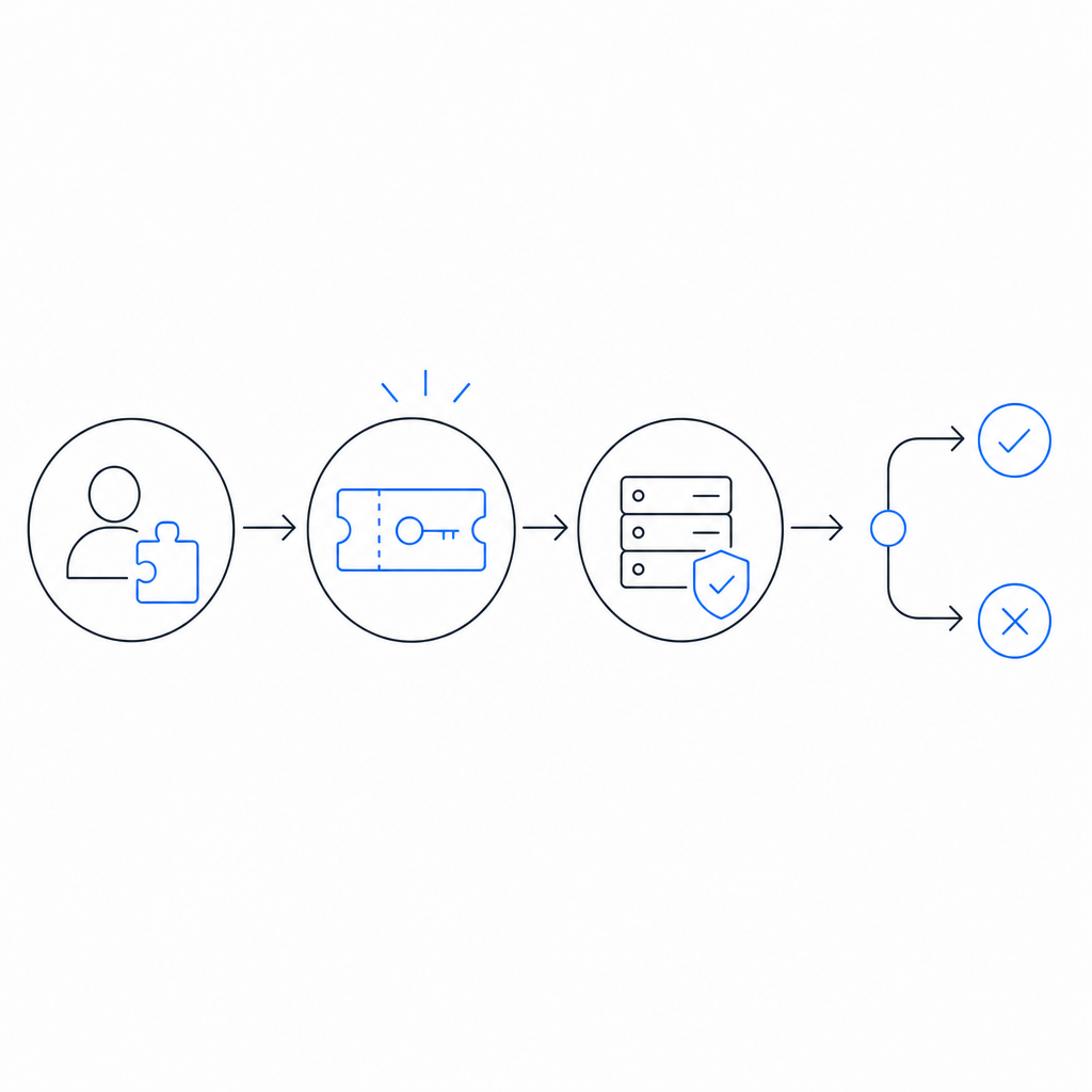 abstract flow showing client challenge, token issuance, server validation, and d