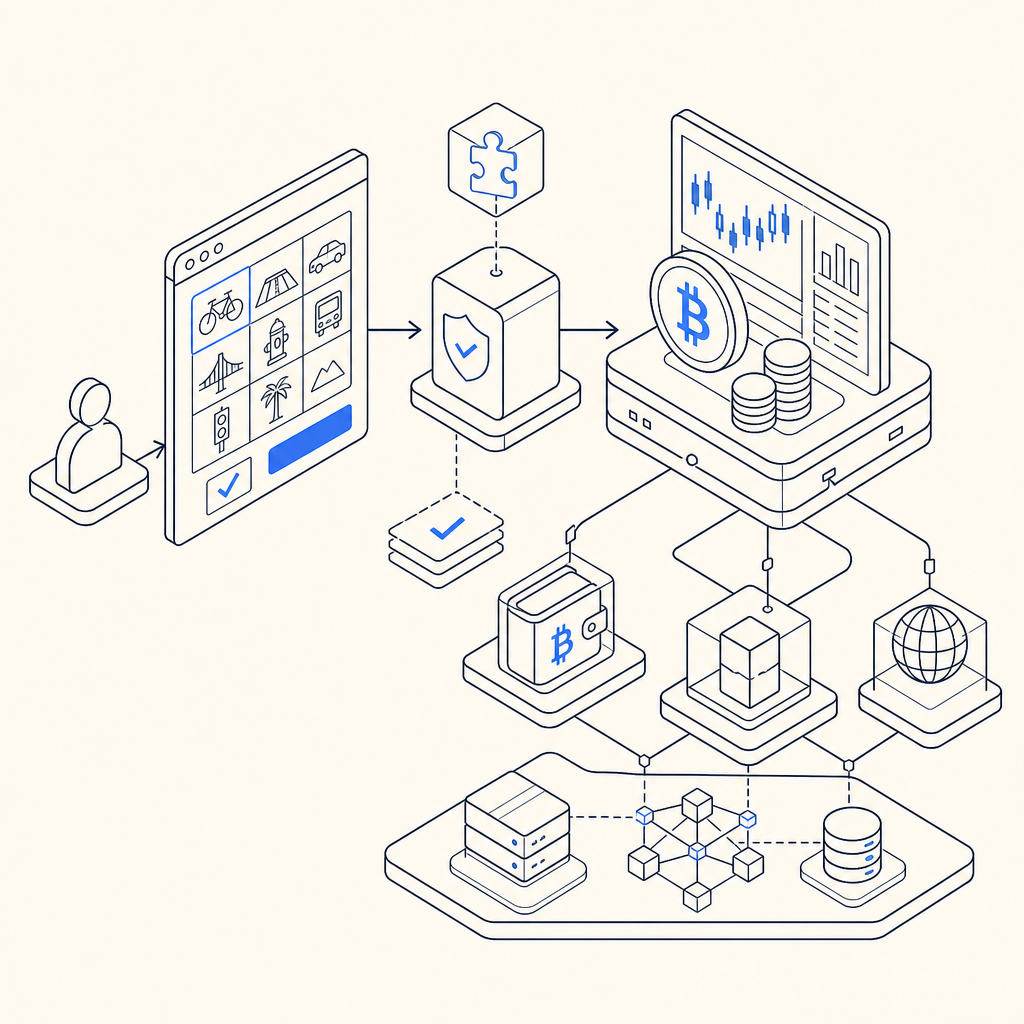 abstract flow diagram of CAPTCHA integration with Bitcoin platforms